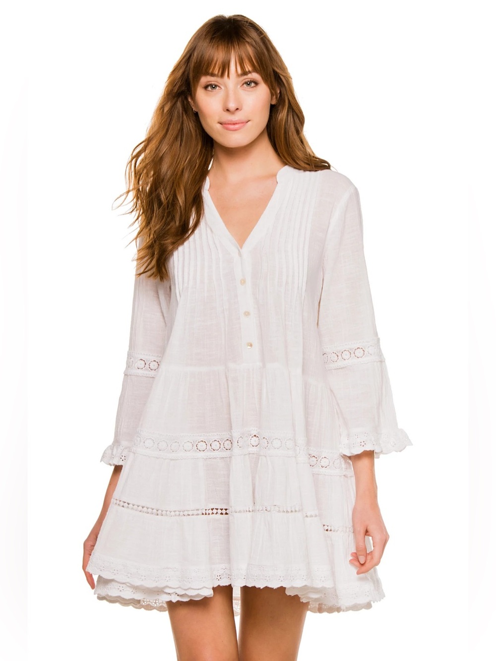 DIA & CO White Boho Cotton Lace-Trim Eyelet Tiered Tunic Dress